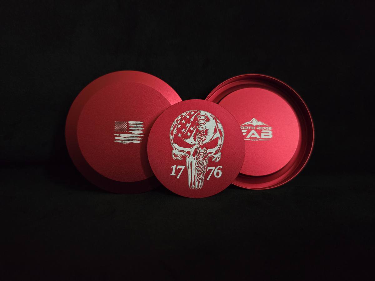 Red 1776 We The People Skull can — front, flag back, and maker mark